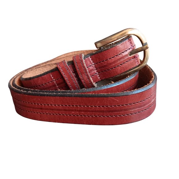 Vintage Men's Mod Belt 40 Large Brown Stitched 1970's Spring Buckle Leather 41 - Picture 1 of 7